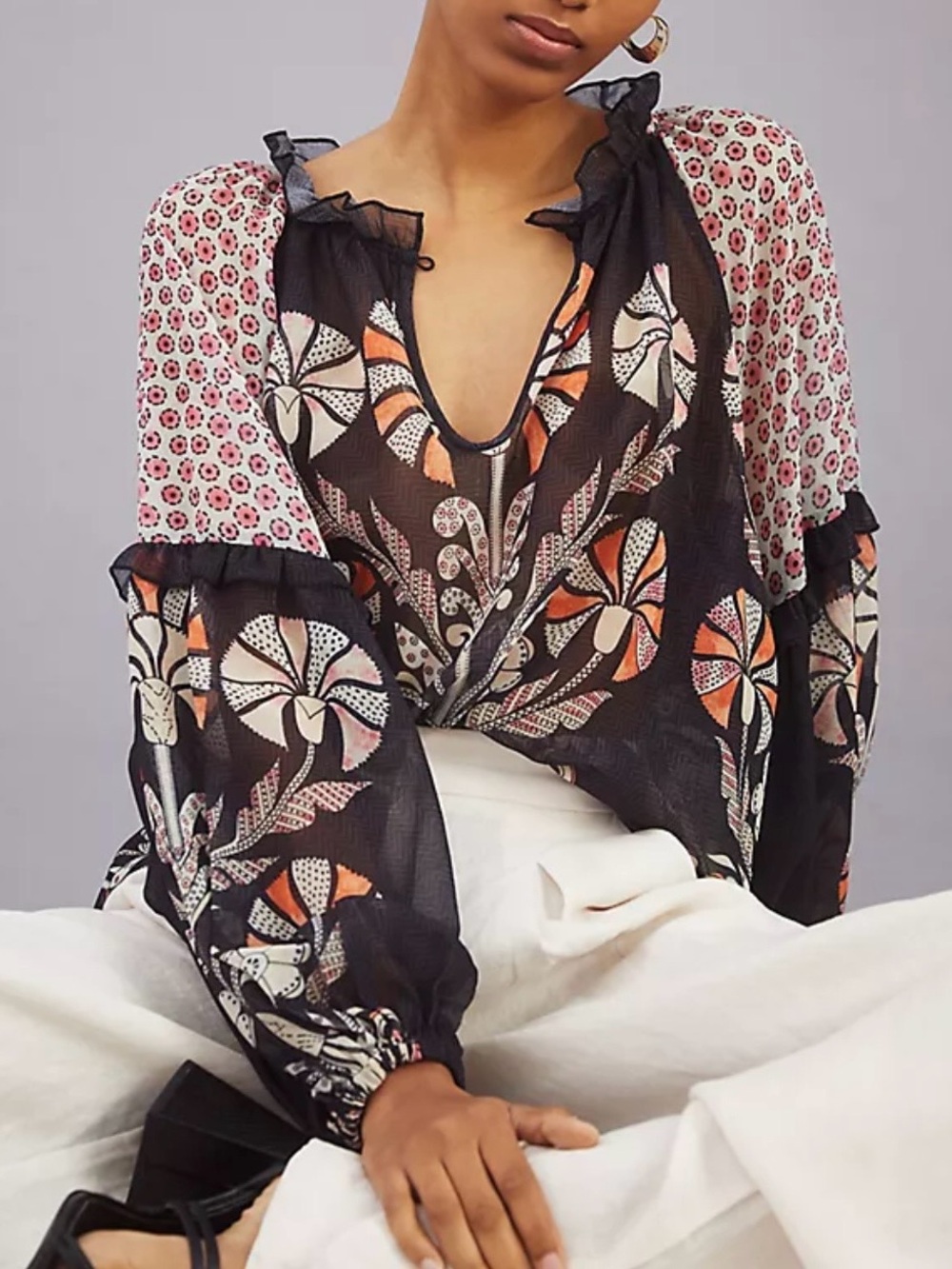 Anthropologie Forever that Girl Black Sheer Floral-Print Ruffle Blouse